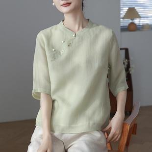 100苎麻新中式 上衣文艺复古春夏宽松 25新款 立领中袖 T恤衬衫 女装