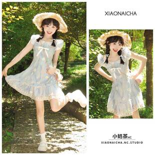 夏季新款甜美可爱少女感蓝色小飞袖碎花连衣裙女小个子收腰公主裙