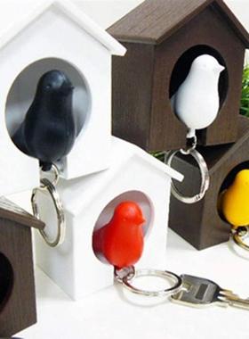 White/Brown Bird Nest Sparrow House Key Chain Ring Whistle W