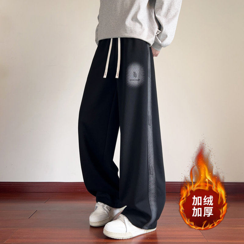 秋冬男士棉质发泡印花运动加绒加厚弯刀裤直筒垂感重磅潮牌长裤