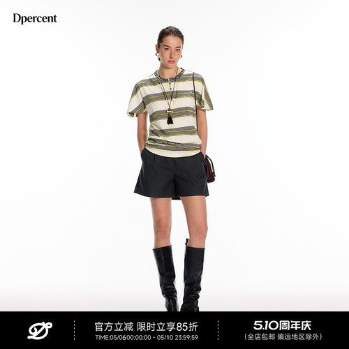 Dpercent丨条纹拼接腰果花亨利领一片式开衩小飞袖t恤