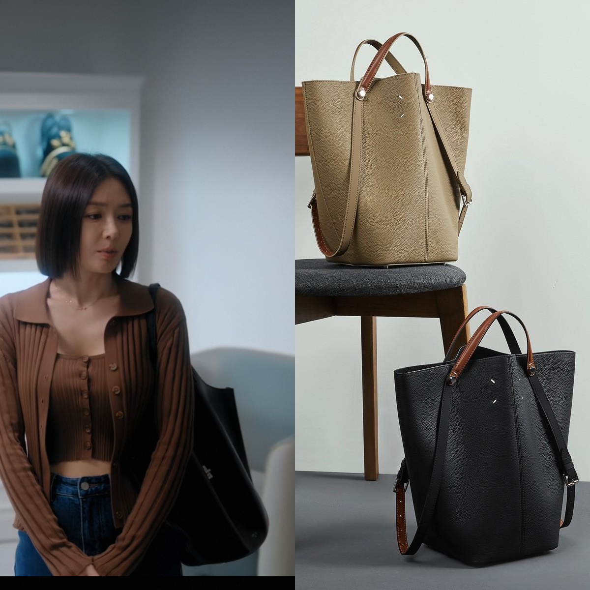 亦舞之城谭思婷秦岚同款菜篮子包女单肩手提包大容量真皮水桶包女