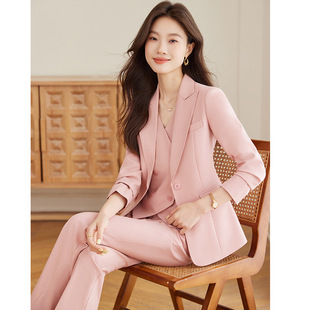 夜色正浓梁丹宁蓝盈莹同款西装三件套装女正装杏色小西服马甲春秋