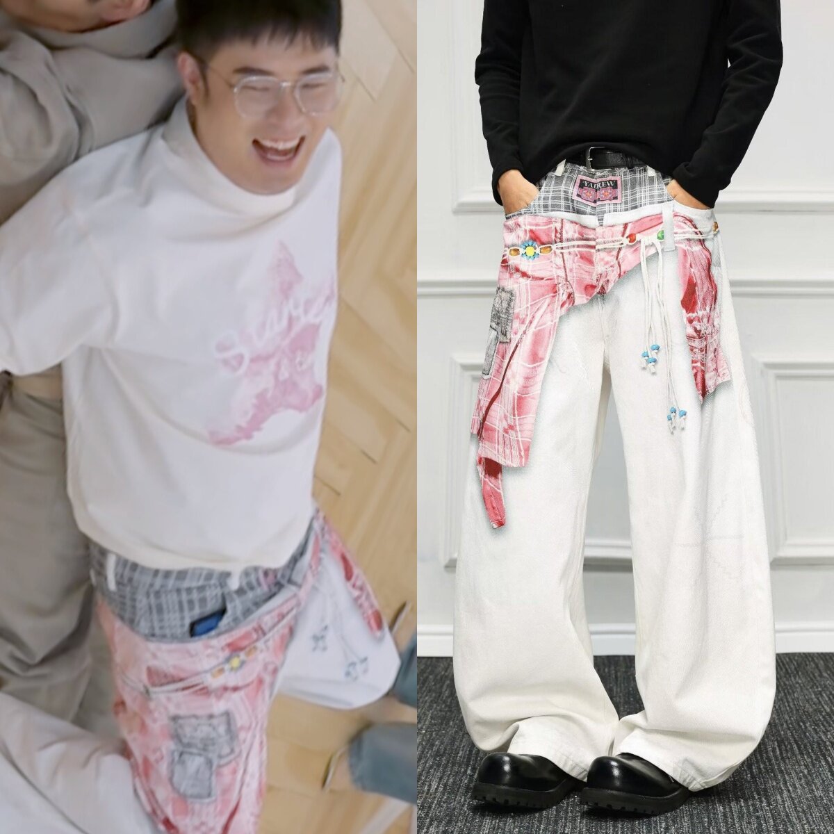 五哈鹿晗陈赫同款腰带3D印花弯刀牛仔裤男女宽松休闲阔腿镰刀裤