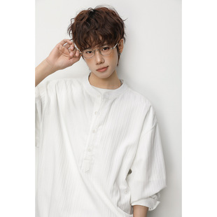 现在就出发陈伟霆同款老钱风竖条纹理长袖衬衫半门襟纽扣立领衬衣