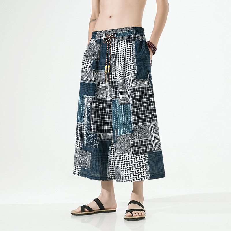 民族风冰丝七分裤子男夏季薄款八分阔腿裤潮牌大码九分亚麻休闲裤