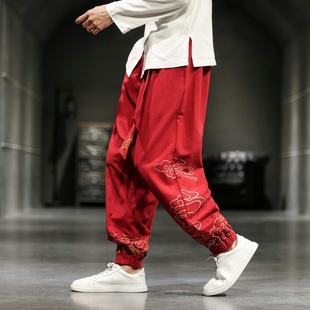 棉麻中国风刺绣休闲裤 复古哈伦裤 子男士 束脚灯笼裤 宽松大码 春秋季