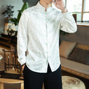 衬衫 唐装 复古风汉服长袖 绸缎衬衣休闲国风男装 秋潮 青年中国风中式