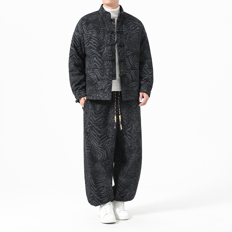 中国风冬季暗纹提花套装男新中式