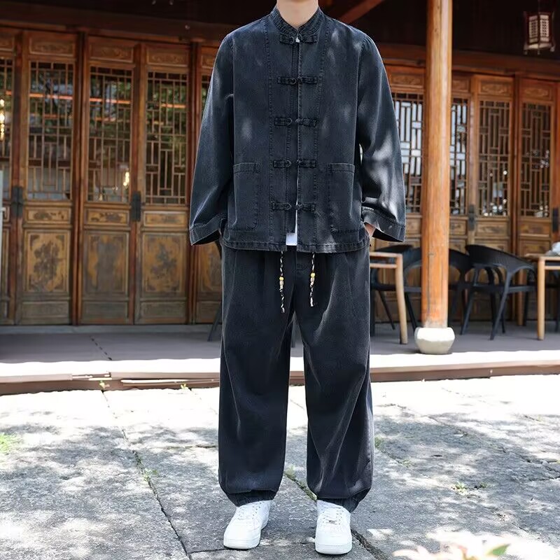 七夕送礼秋国风牛仔衬衫夹克套装