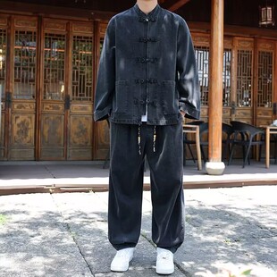 中国风牛仔衬衫 夹克套装 休闲大码 新中式 套装 新款 宽松长袖 盘扣秋季