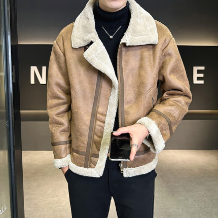 皮毛一体外套男款秋冬季羊羔毛皮夹克短款机车服加绒加厚海宁皮衣