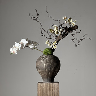 新中式 饰花艺 禅意复古陶罐花瓶侘寂风枯枝插花摆件玄关酒店民宿装