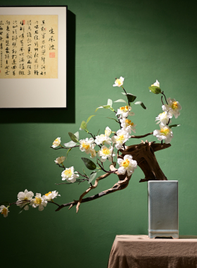 仿真山茶花树盆景禅意中式摆件