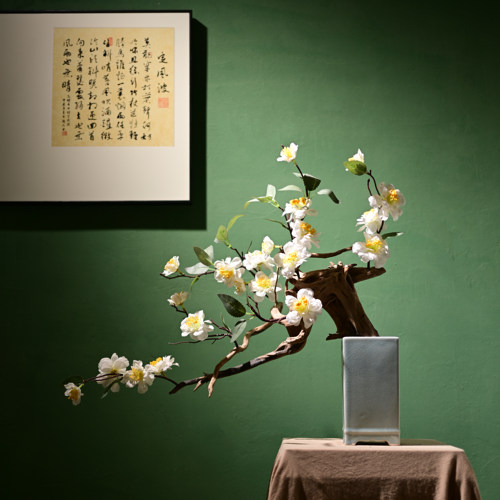 仿真山茶花树盆景禅意中式摆件