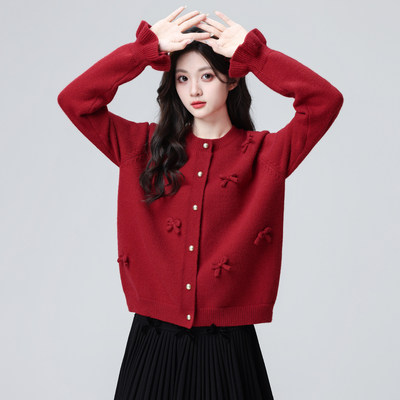 红色蝴蝶结毛衣外套女秋