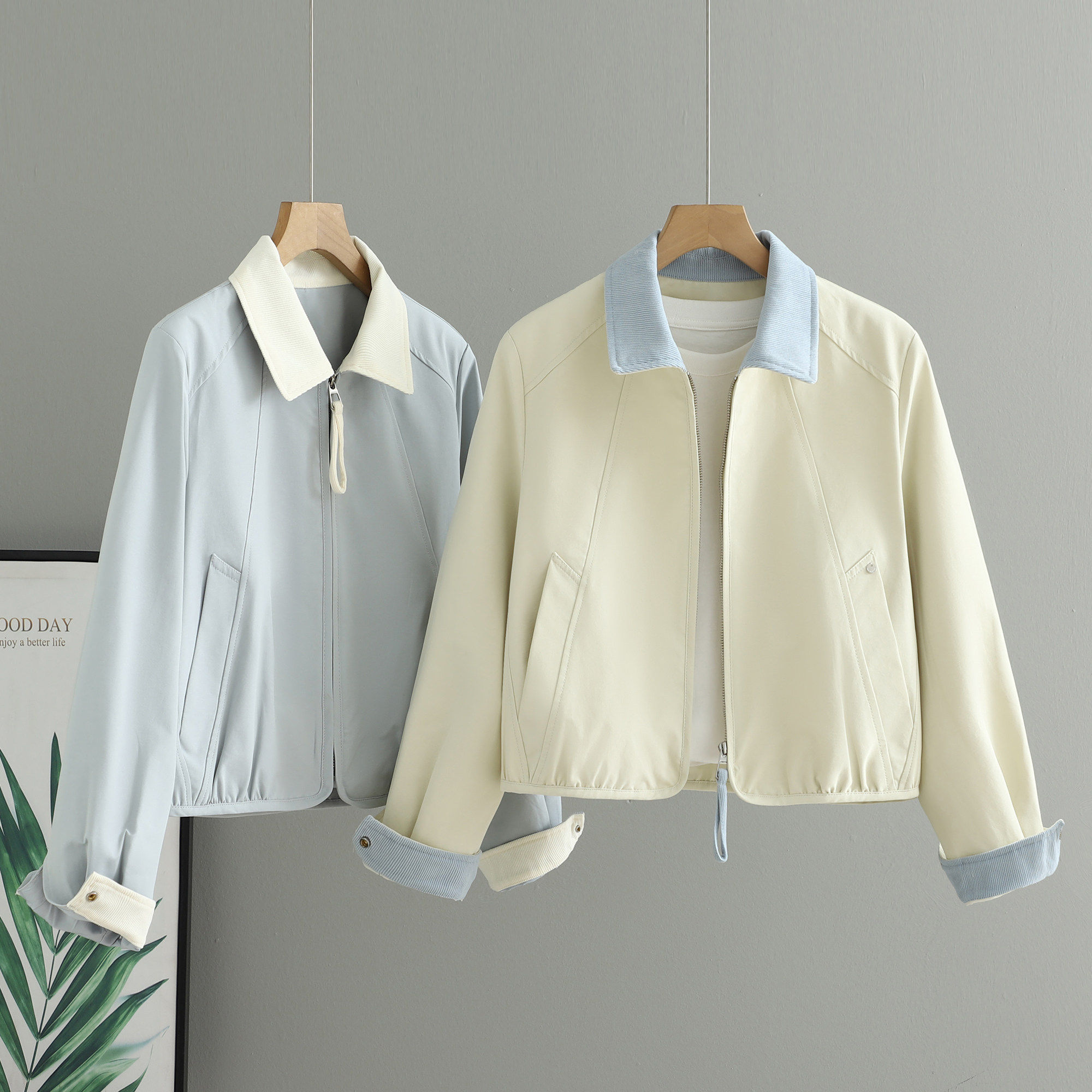 短款小个子灯芯绒拼接外套女春季新款韩版宽松百搭拼色夹克上衣潮