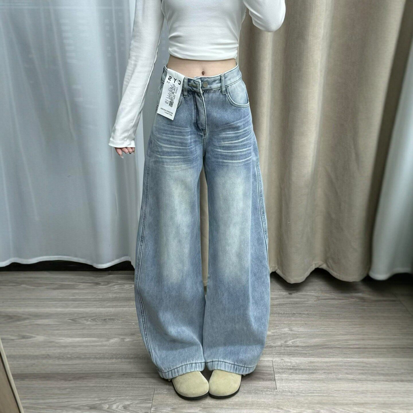 美式复古加绒加厚弯刀牛仔裤女秋冬大尺码胖mm宽松显瘦设计感阔腿