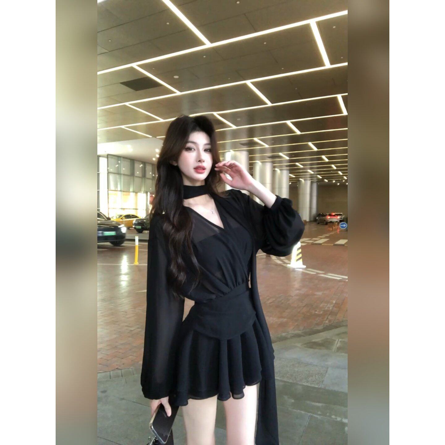 法式黑色飘带雪纺长袖洋装女装夏季气质收腰a字短裙巨好看裙子