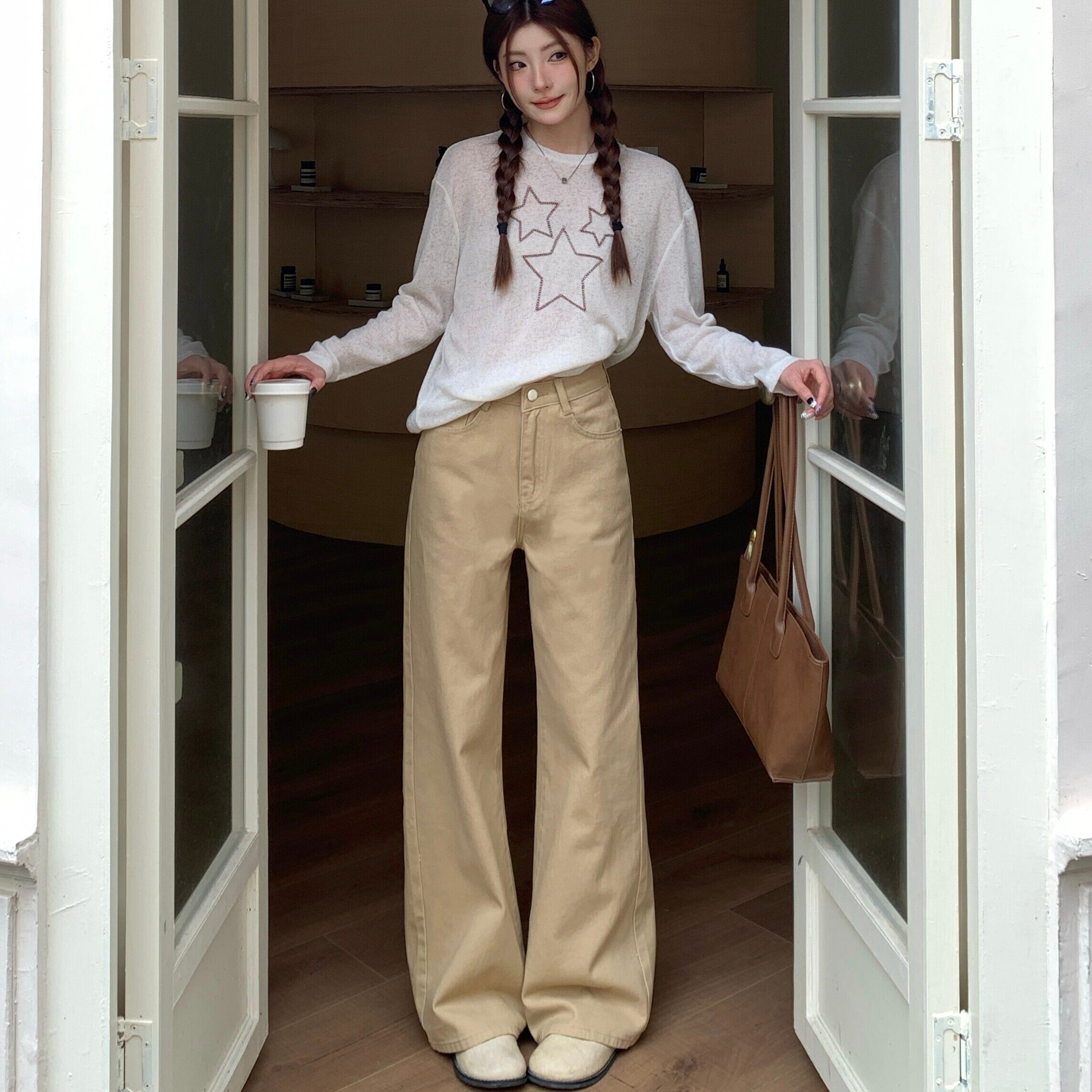 美式复古卡其色直筒牛仔裤女2026年春季新款中高腰宽松显瘦阔腿裤
