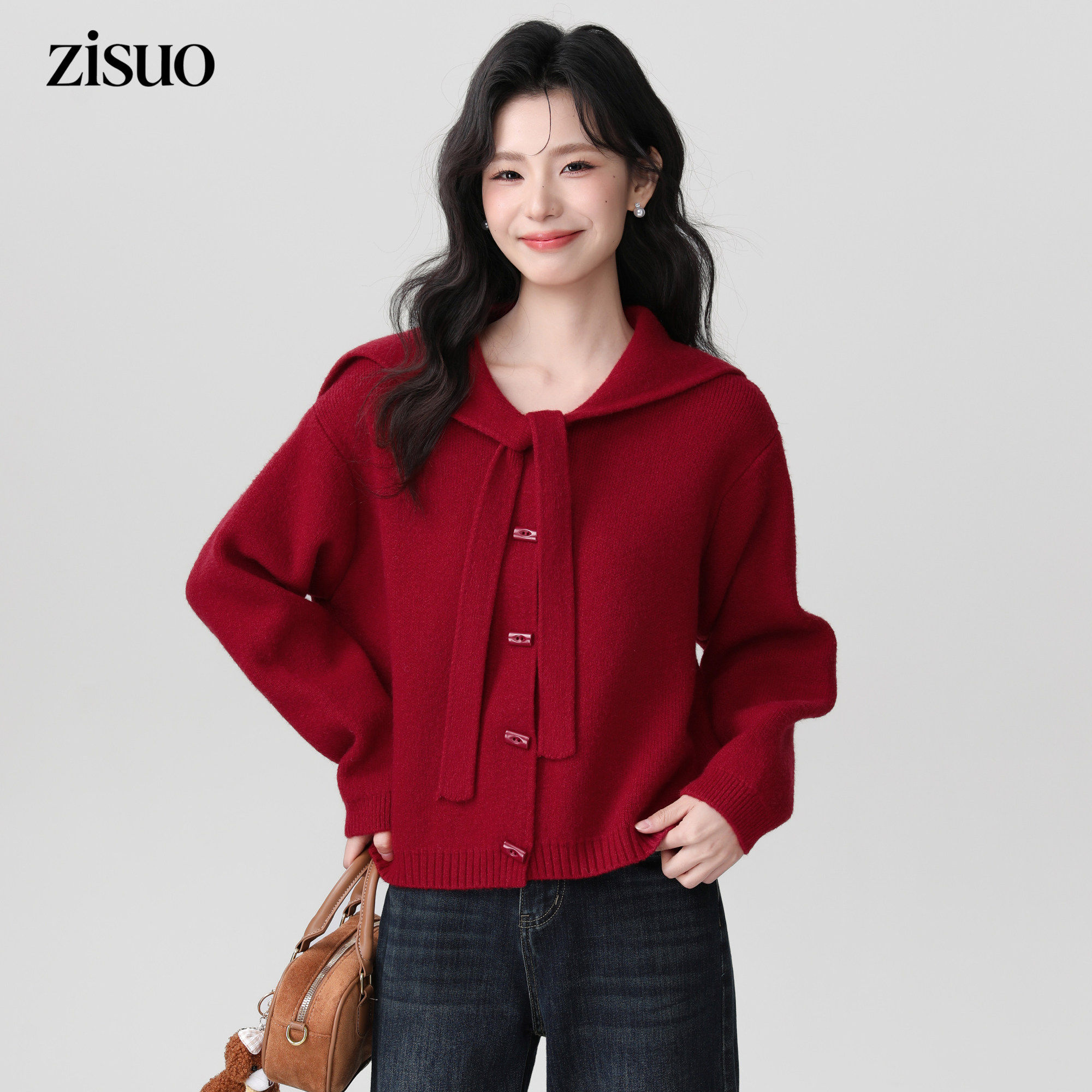 红色海军领毛衣外套女秋冬2026冬季新款宽松针织开衫外穿短款上衣