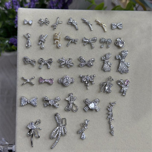 小红书热卖 美甲铜镶锆石高端合金配件银色底托蝴蝶结饰品合集二