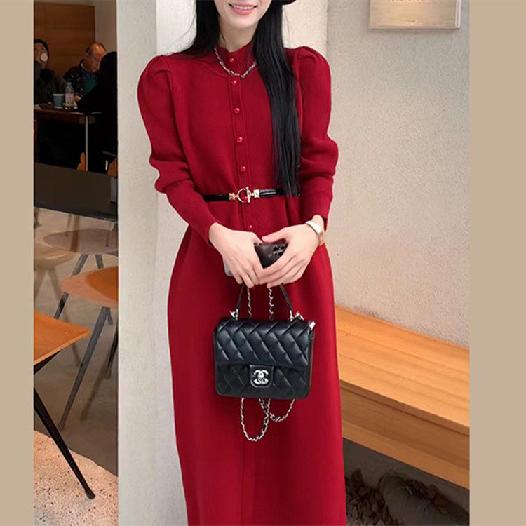 圣诞新年战袍红色针织连衣裙女秋冬2024新款气质大衣打底内搭长裙