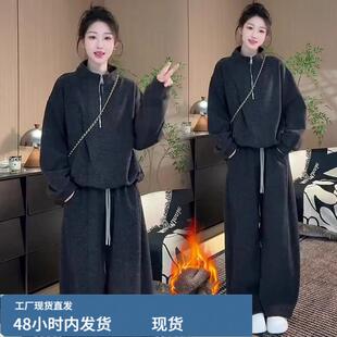 香港代购加戎加厚时尚休闲套装女士冬季新款马甲卫衣阔腿裤三件套