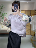 复美国潮重工刺绣醋酸缎复古斜襟圆领气质显瘦国风衬衫