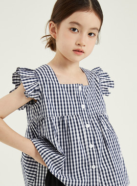童装夏装儿童小飞袖娃娃衫女童森系女孩格子无袖衬衫上衣棉