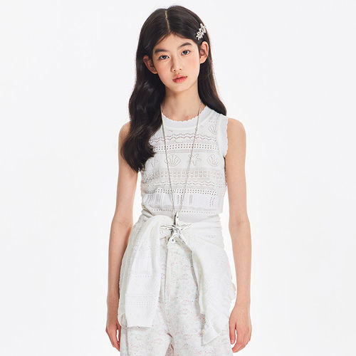 女童海洋无袖T恤凉爽背心2026夏季新品中大童洋气蕾丝刺绣上衣