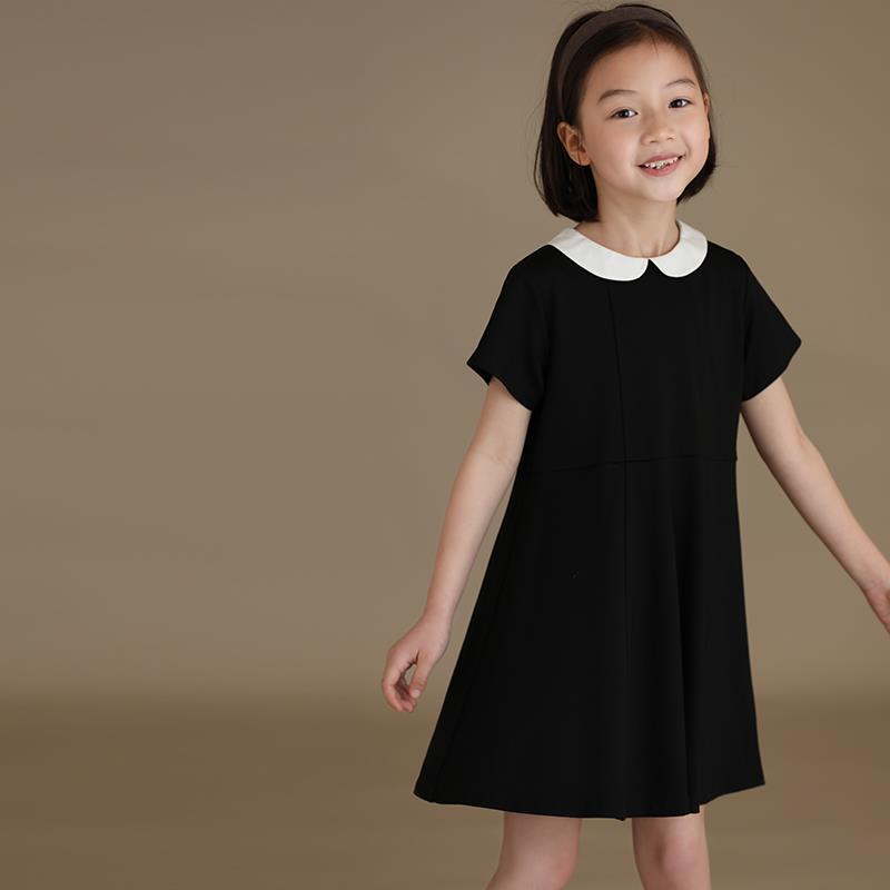 童装夏季新款女童日系气质娃娃领黑色短袖连衣裙公主裙洋气