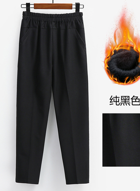 中老年妈妈奶奶秋冬保暖裤直筒休闲春季棉麻加绒不加绒黑色九分裤