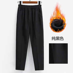 中老年妈妈奶奶秋冬保暖裤直筒休闲春季棉麻加绒不加绒黑色九分裤