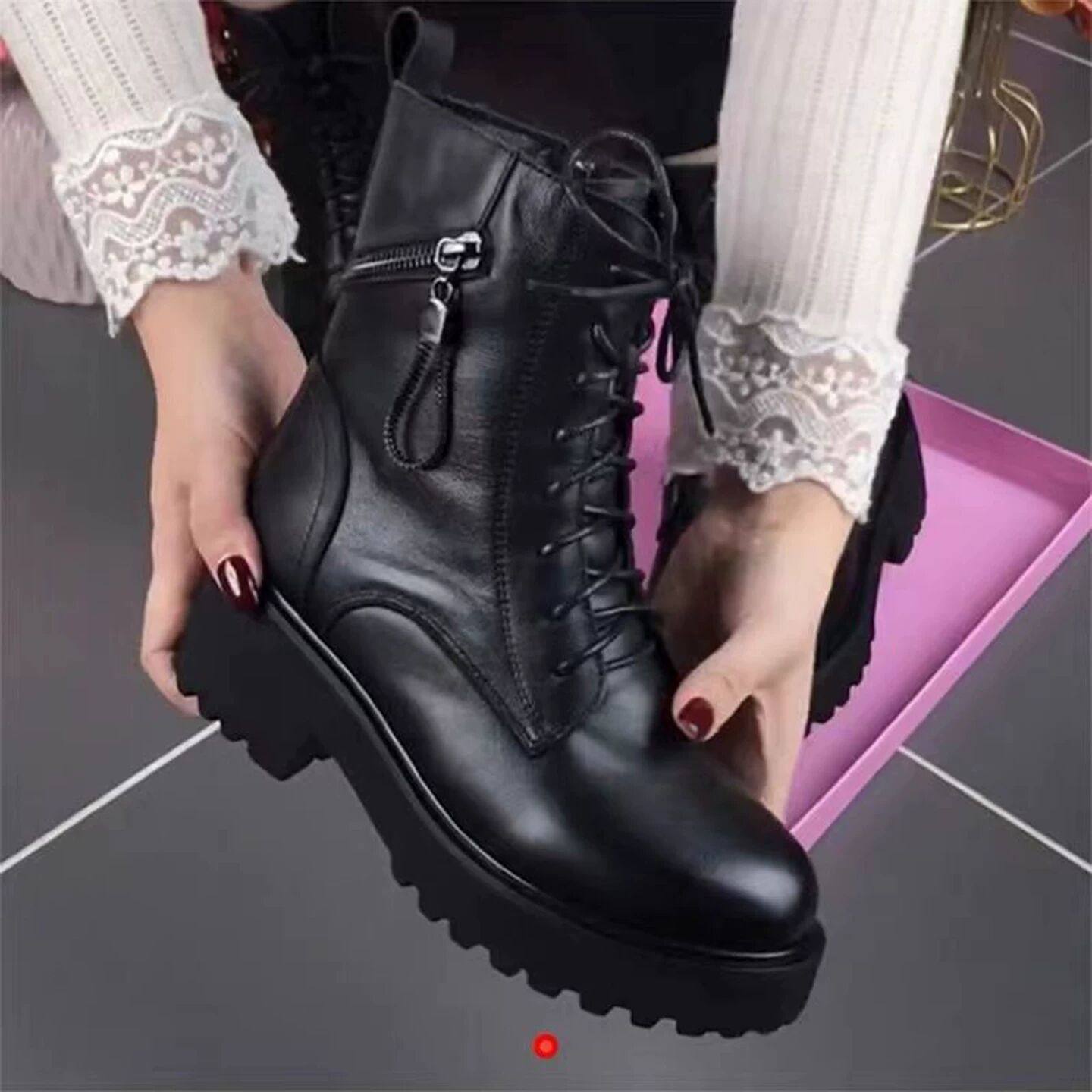 玟若甄选女鞋2025秋冬季软皮马丁靴女士英伦短靴加绒保暖雪地靴子