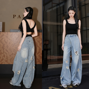 高个子180加长 子破洞牛仔裤 秋冬新品 女宽松高腰显瘦直筒阔腿长裤