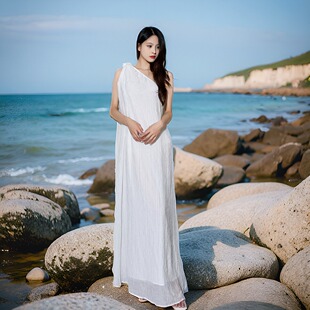 夏天西湖春雨白色扭结斜领新中式连衣裙女夏宽松设计感长裙子麻料