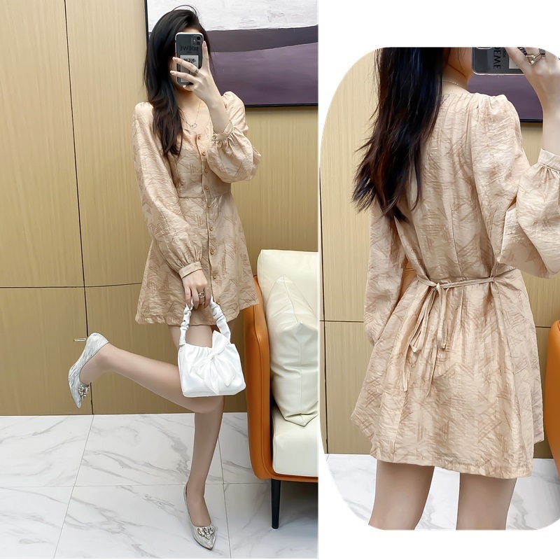 复古秋装裙子天丝提花长袖连衣裙