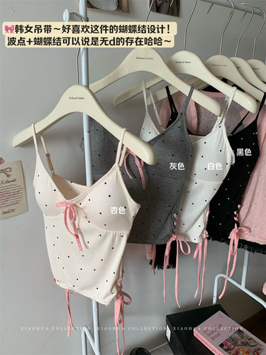 夏日甜美波点设计感蝴蝶结吊带女