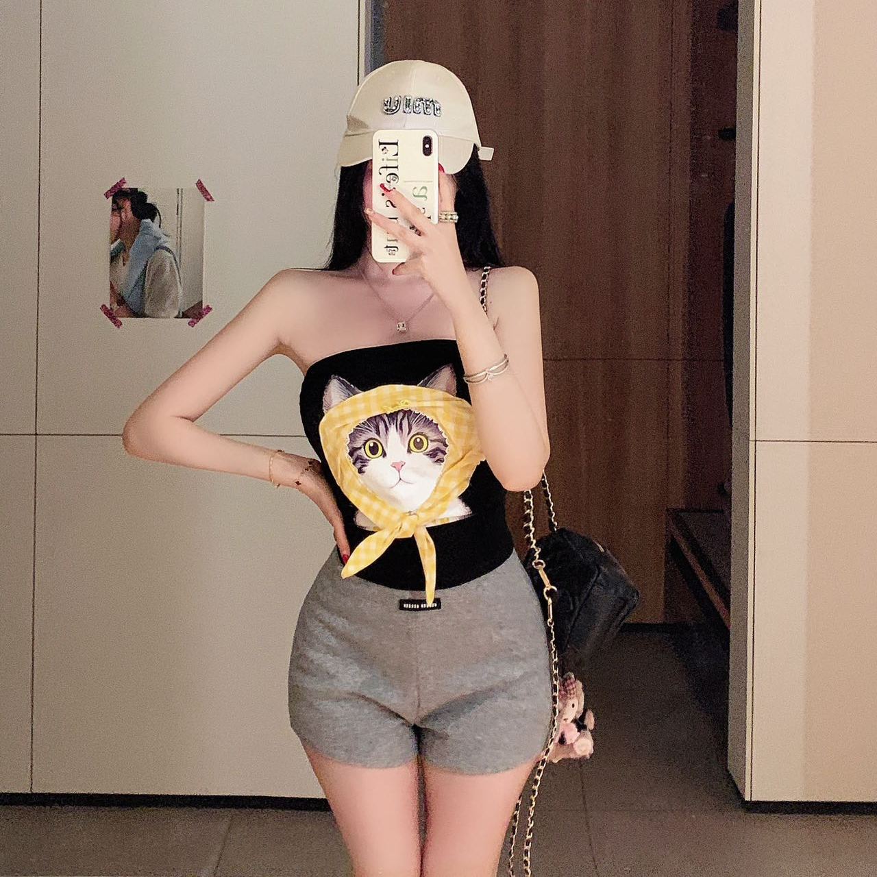 夏季新款纯欲卡通小猫咪印花黄帽子抹胸背心修身显瘦一体式带胸垫