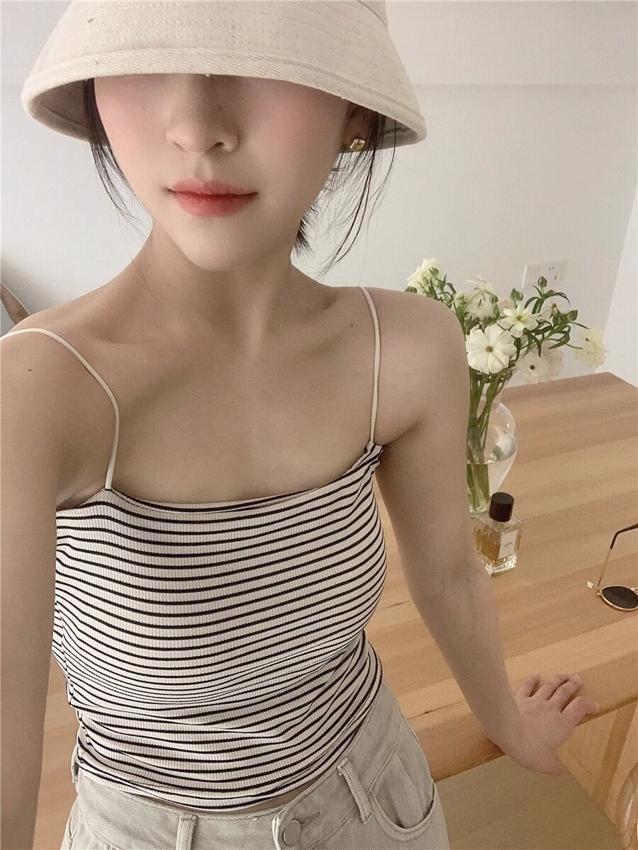 条纹一字吊带背心女内搭夏季性感抹胸外穿带胸垫纯棉打底美背上衣