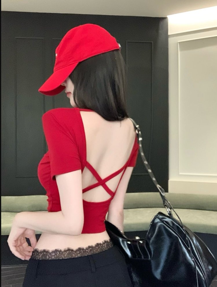 2024夏设计感纯欲性感露背交叉锁骨U领短袖t恤女露脐短款甜辣上衣,女装/女士精品,背心吊带,淘宝优惠券,粉丝福利购,淘宝优惠卷