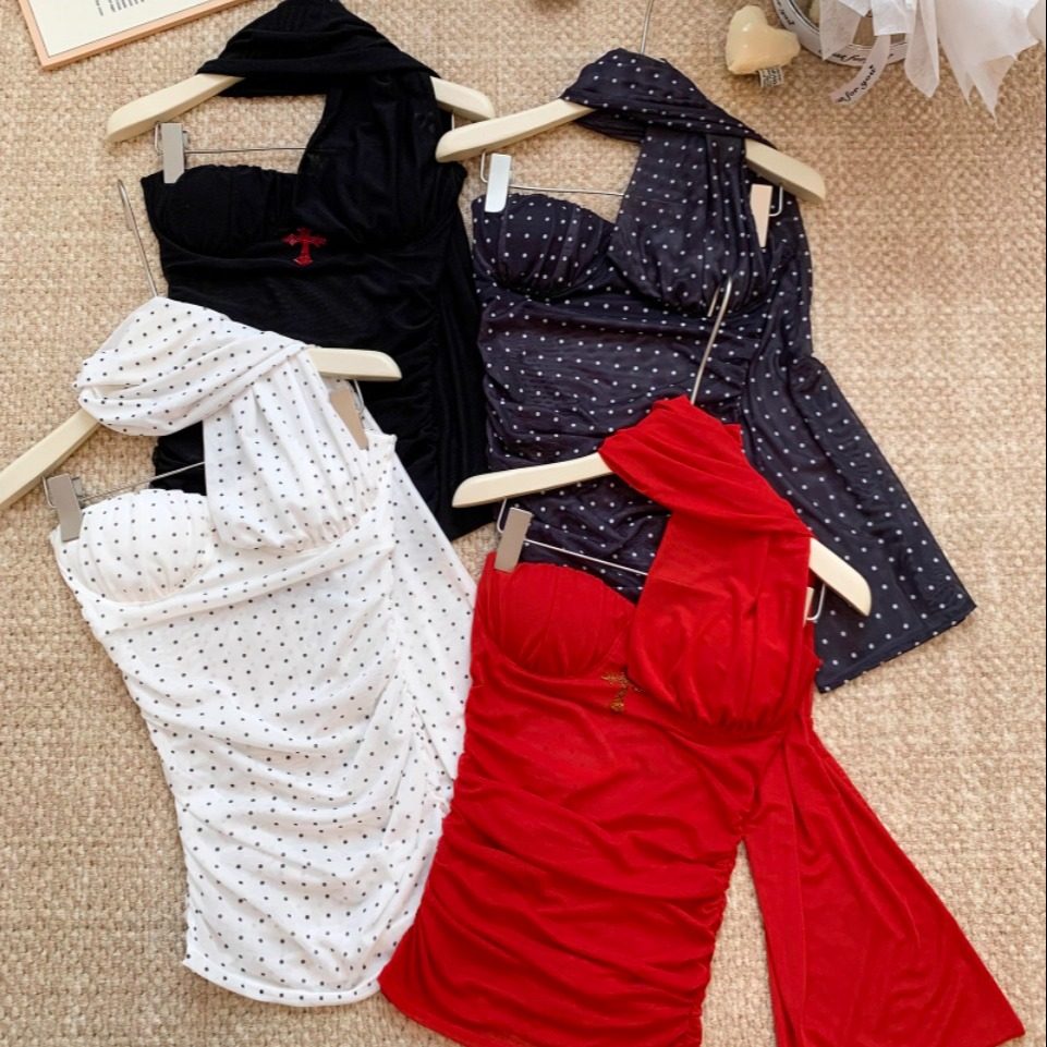 夏秋新款辣妹波点褶皱挂脖抹胸背心女修身飘带设计显瘦固定带胸垫,女装/女士精品,抹胸,淘宝优惠券,粉丝福利购,淘宝优惠卷