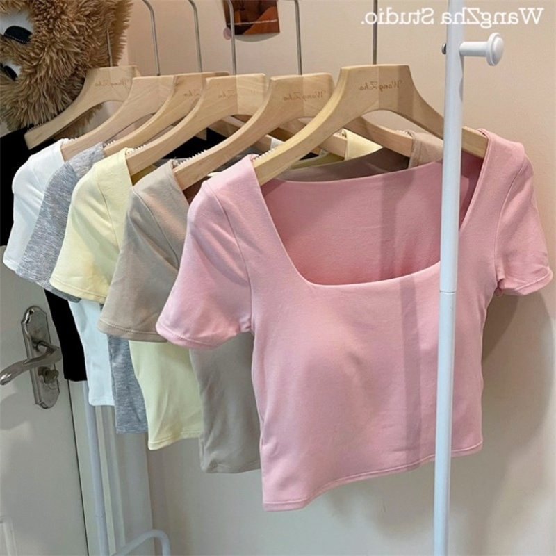 法式方领一体式短袖T恤女夏季新款露脐修身短款显瘦性感瑜伽上衣