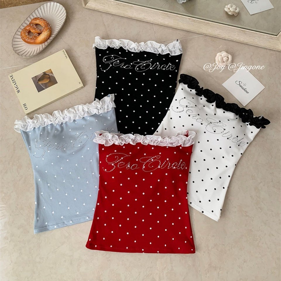 夏季新款纯欲风花边波点烫钻字母抹胸修身显瘦女固定带胸垫百搭,女装/女士精品,抹胸,淘宝优惠券,粉丝福利购,淘宝优惠卷