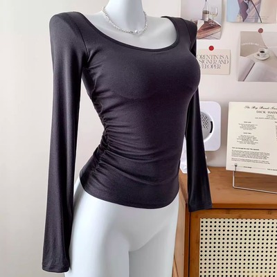 带胸垫U领长袖T恤加绒加厚女秋冬