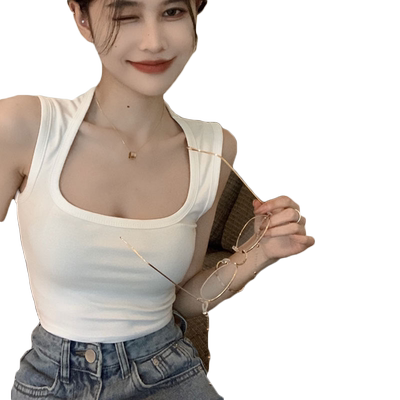 露锁骨方领无袖带胸垫背心女