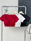 镂空V领超短款 设计感上衣 纯欲性感辣妹紧身修身 露脐短袖 t恤女夏季