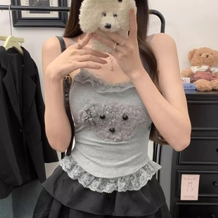 內搭打底衫 上衣 顯瘦不規則吊帶背心短款 可愛小狗蝴蝶結蕾絲邊修身