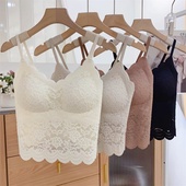 性感蕾丝吊带背心女带胸垫短款 V领美背打底内搭波浪边设计上衣潮